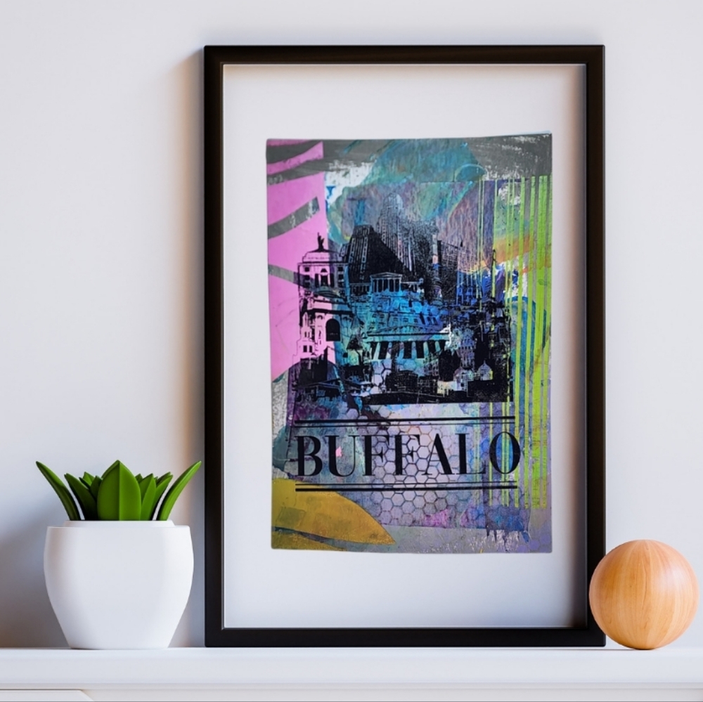 One-of-a-kind! 'Buffalo, NY Skyline' Monoprint Poster. 19 x 13". Multi-color